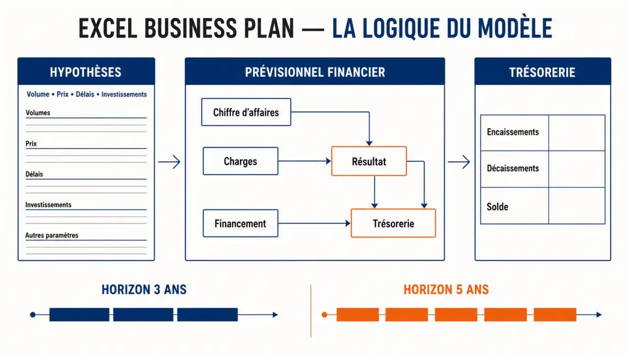 Excel business plan reliant hypothèses, prévisionnel financier et trésorerie