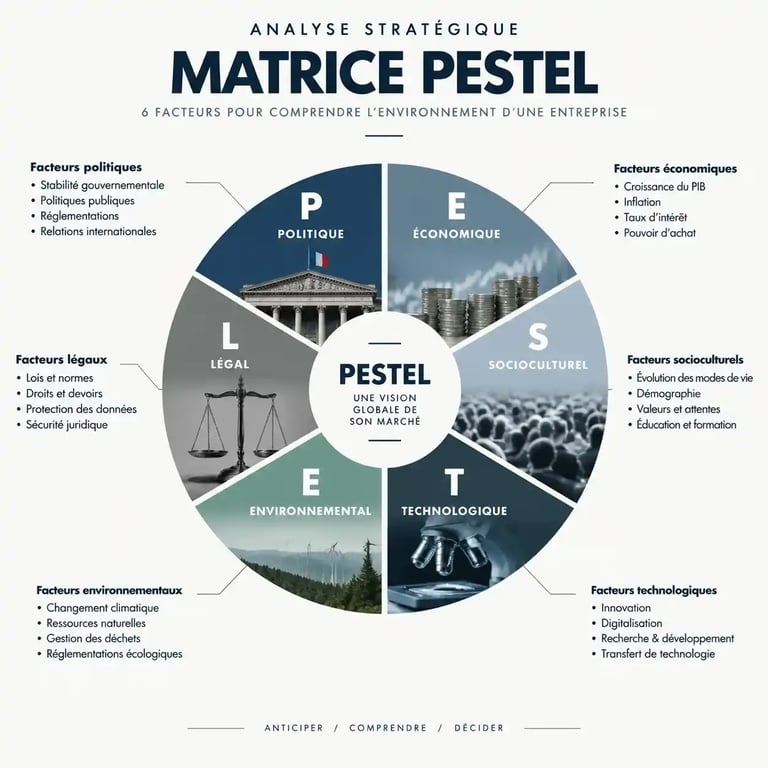 Schéma de la méthode PESTEL pour le diagnostic externe