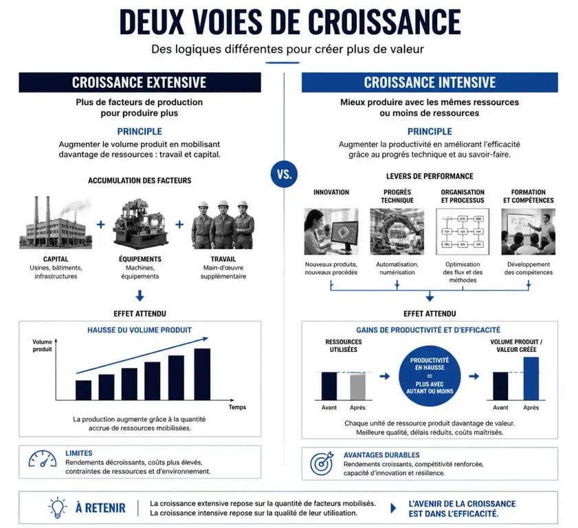 Croissance intensive et extensive comparée dans une infographie éditoriale