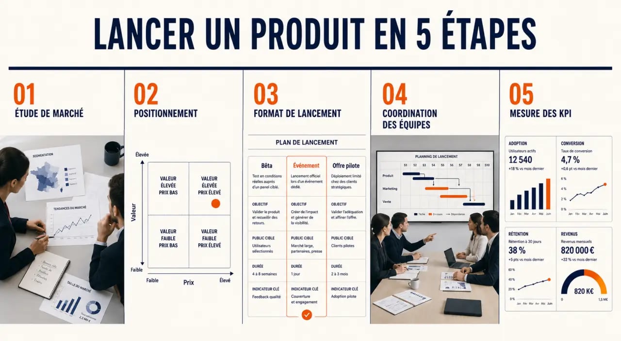Schéma du lancement d’un nouveau produit sur son marché avec les étapes clés de préparation, de positionnement, d’exécution et de suivi