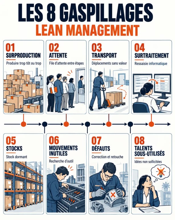 Infographie des 8 gaspillages parmi les outils du lean management