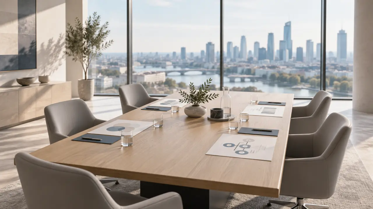 Réunion de direction dans un environnement de bureaux moderne après une acquisition