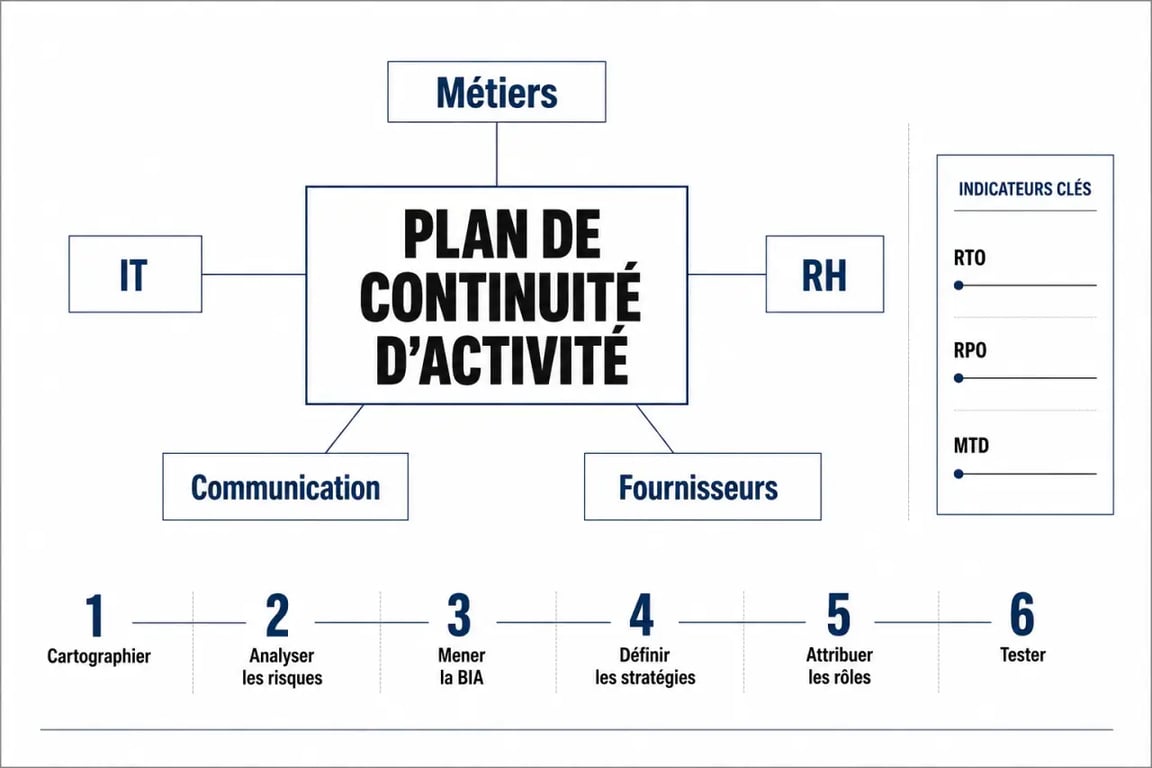 Planning business continuity : schéma éditorial du PCA avec étapes, rôles et indicateurs RTO/RPO