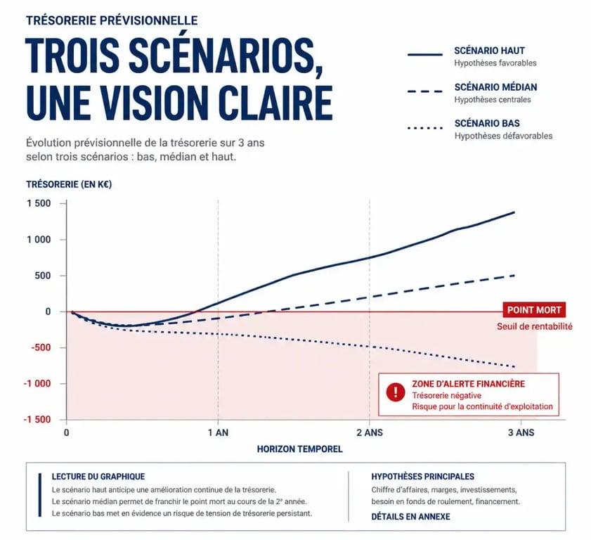 Scénarios financiers bas, médian et haut pour un business plan marketplace avec seuil de trésorerie