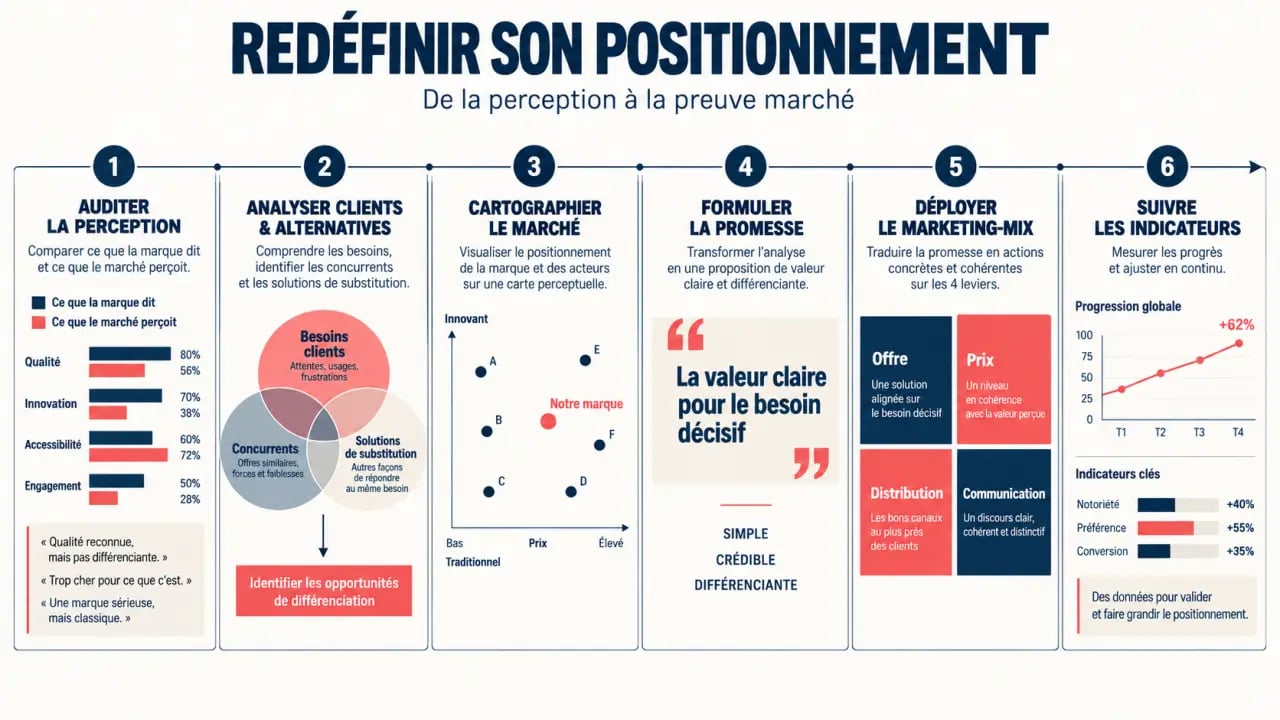 Étapes pour redéfinir son positionnement commercial sur le marché, de l’audit au suivi des résultats