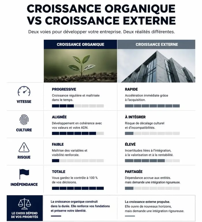 Infographie comparative : croissance organique vs croissance externe pour le développement d'entreprise