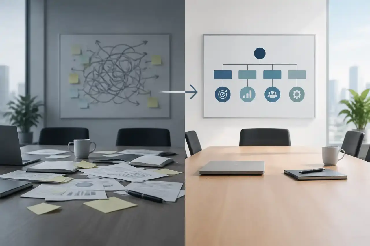 Réunion de direction dans un environnement de bureaux moderne et structuré
