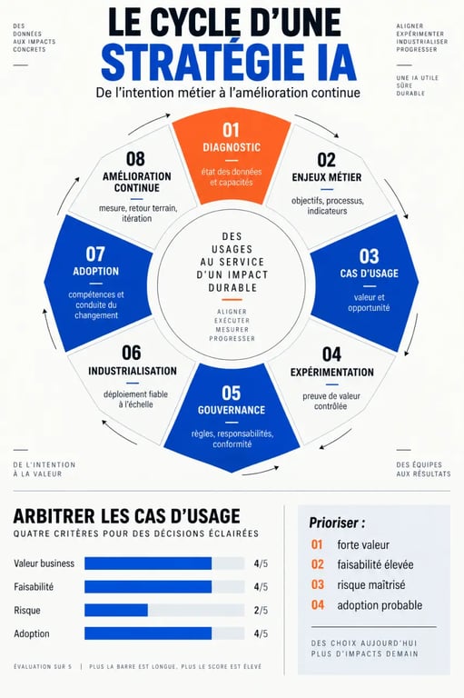 Infographie du conseil stratégie IA, de la priorisation des cas d’usage à l’industrialisation