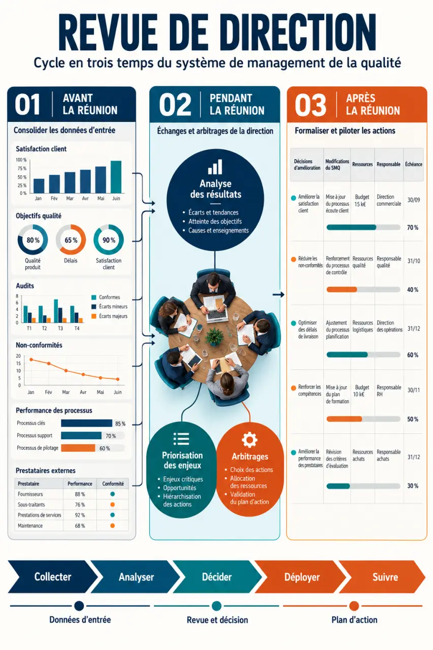 Infographie de revue de direction présentant les données d'entrée, les décisions et le suivi des actions