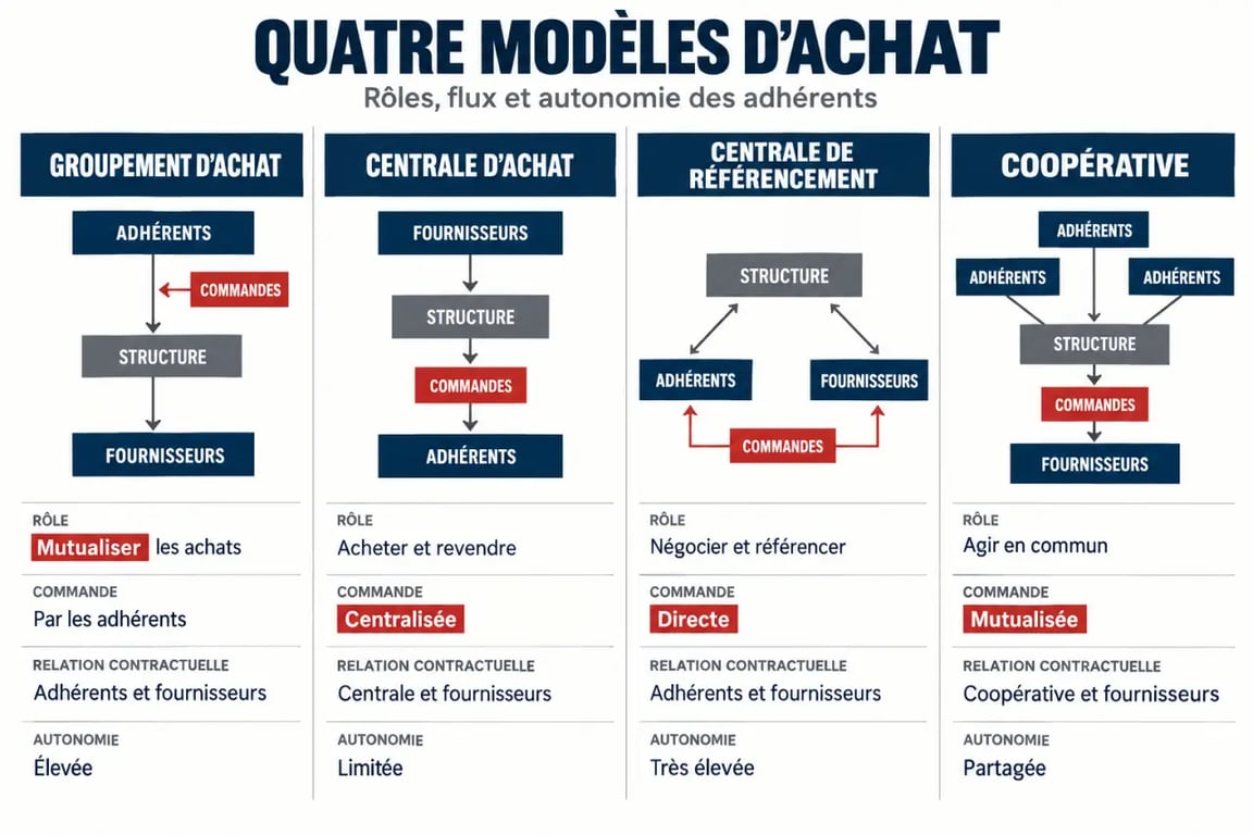 Infographie comparative sur le groupement d’achat, la centrale d’achat, la centrale de référencement et la coopérative