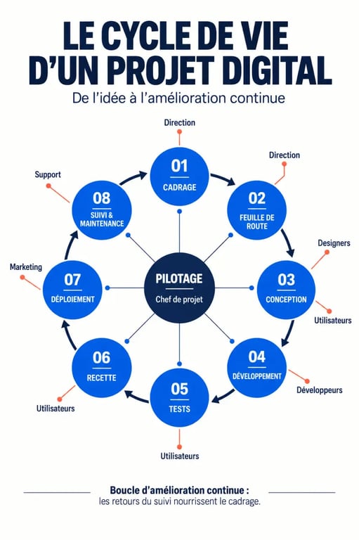 Infographie du cycle de la gestion de projet digital, du cadrage à la maintenance