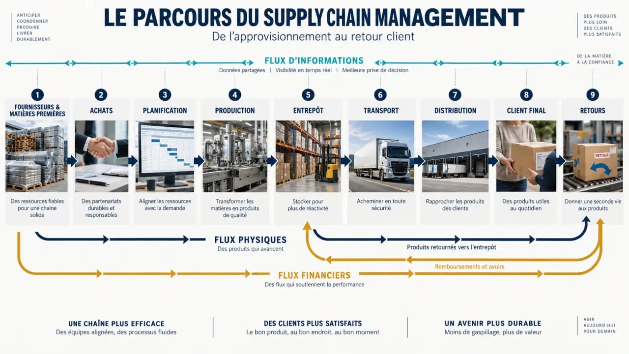 Infographie du SCM Supply Chain Management de l’approvisionnement aux retours clients
