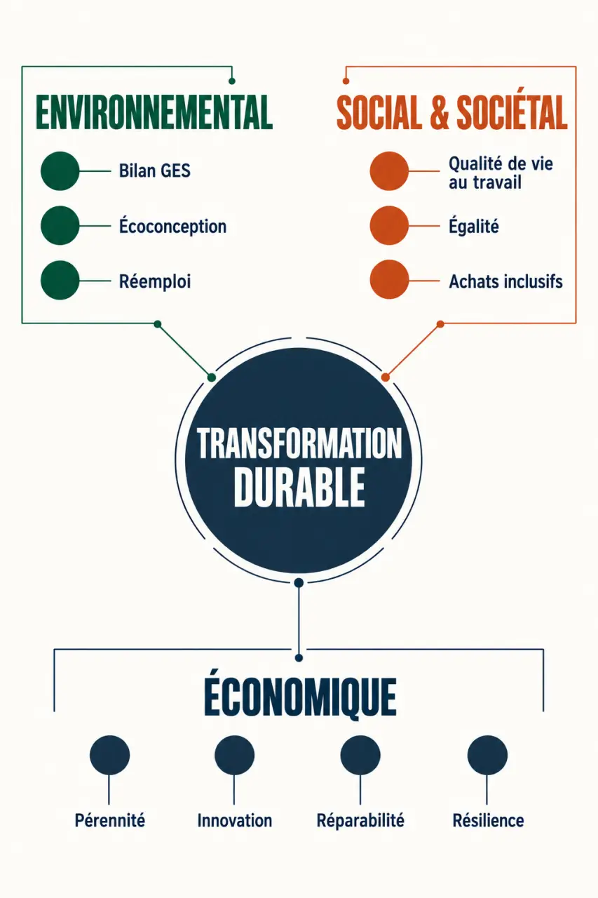 Infographie des trois piliers d’une entreprise développement durable : environnement, social et économie