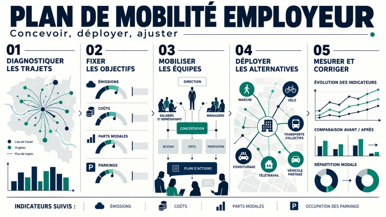Infographie sur la stratégie mobilité entreprise et les étapes du plan de mobilité employeur