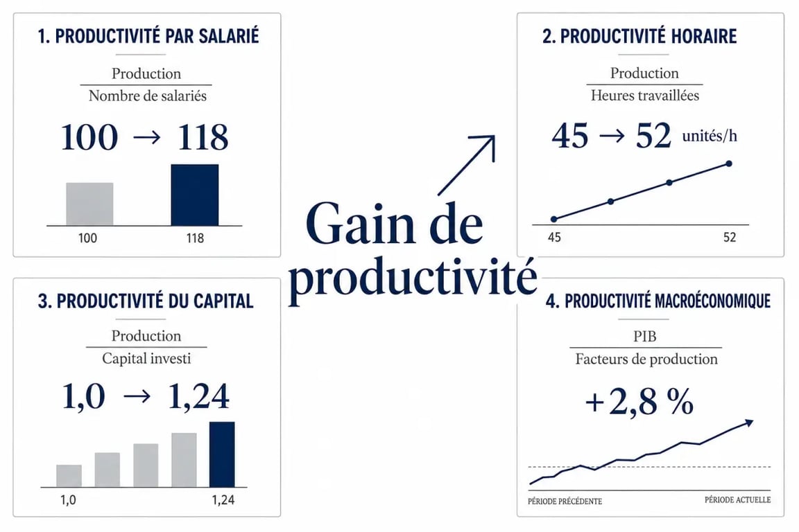 Gain de productivité illustré par une visualisation comparative des différents types de productivité