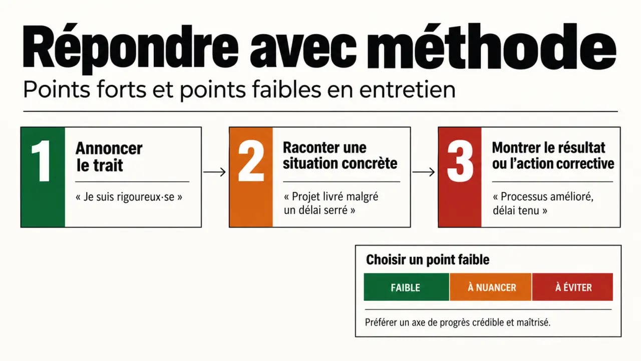 Points forts points faibles en entretien : méthode en trois étapes et jauge de risque