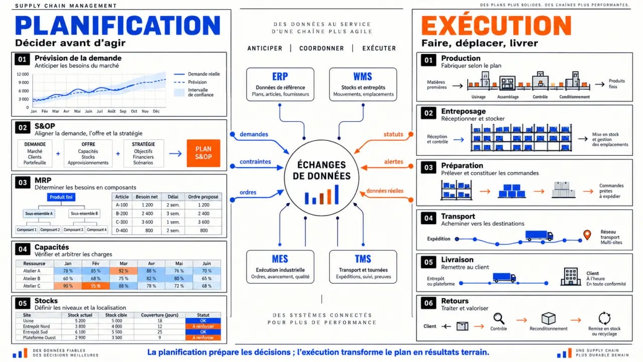 Schéma du SCM Supply Chain Management entre planification et exécution
