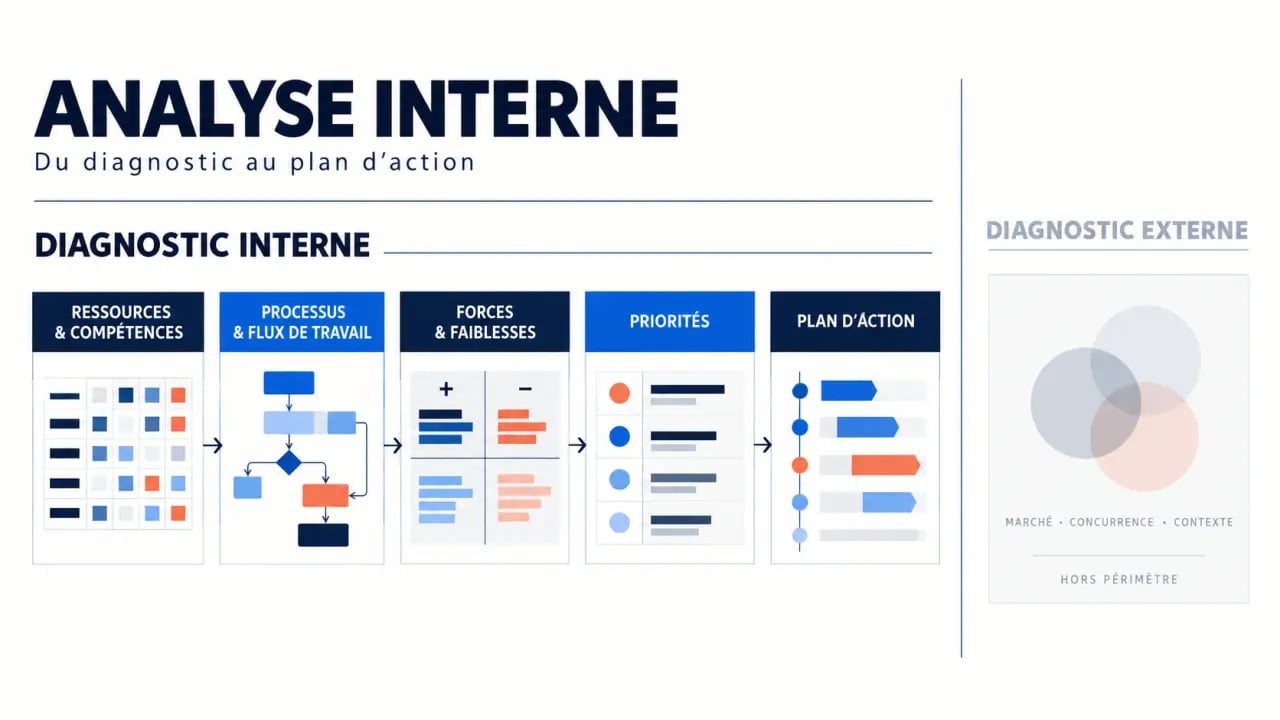 Schéma éditorial expliquant l’analyse interne d’une entreprise, des ressources au plan d’action