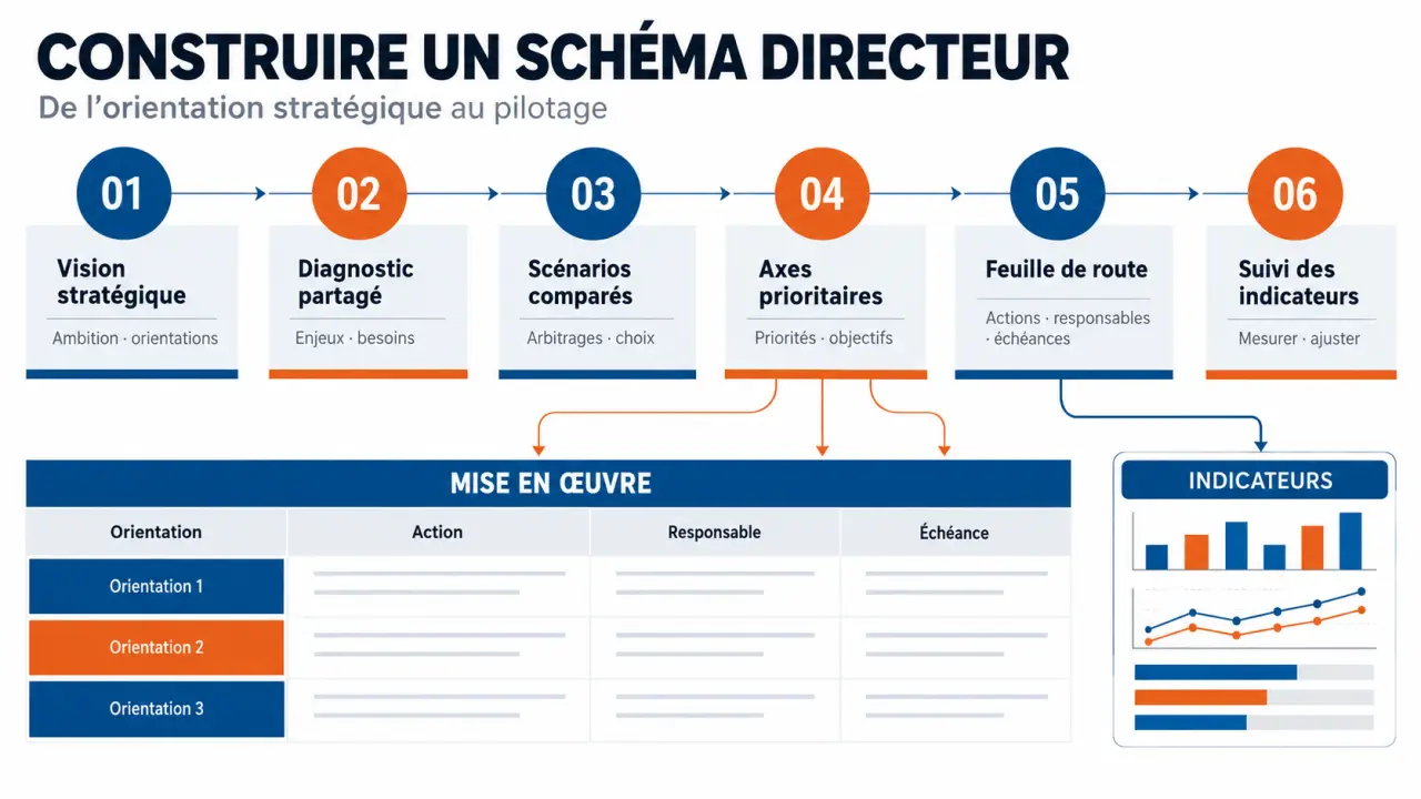 Infographie présentant les étapes d'élaboration d'un schéma directeur, du diagnostic au suivi des actions