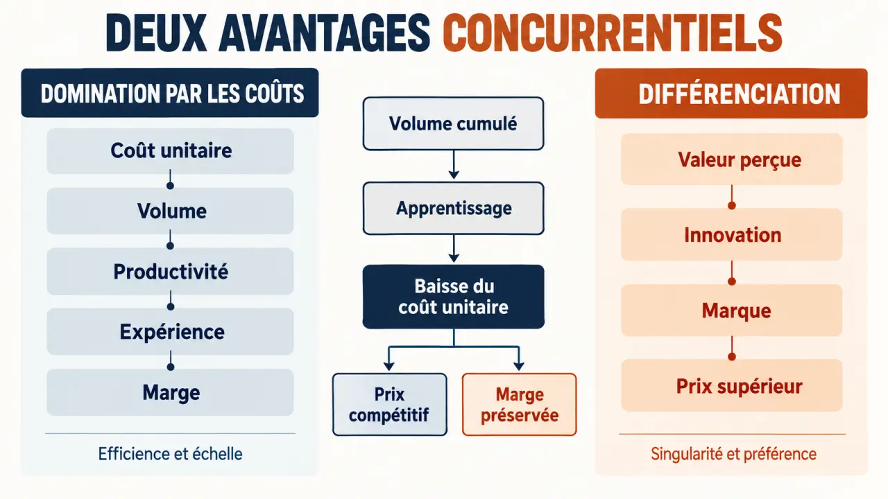 Visuel comparatif sur la domination par les coûts, le volume, l’expérience et la différenciation