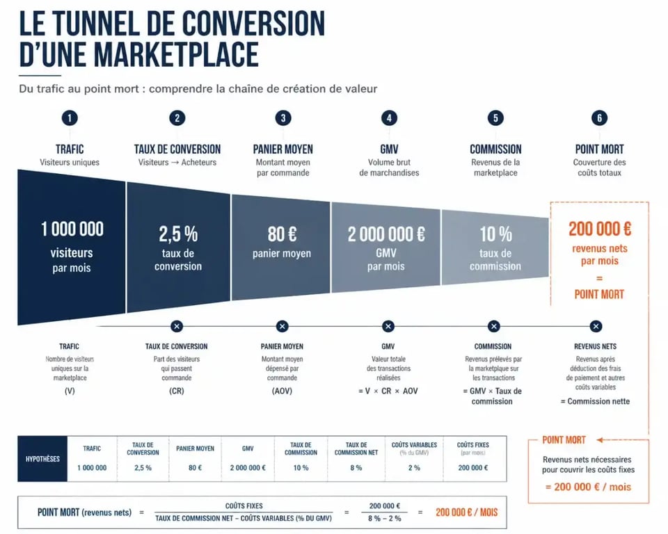 Schéma du business plan marketplace : trafic, conversion, panier moyen et GMV jusqu'à la commission